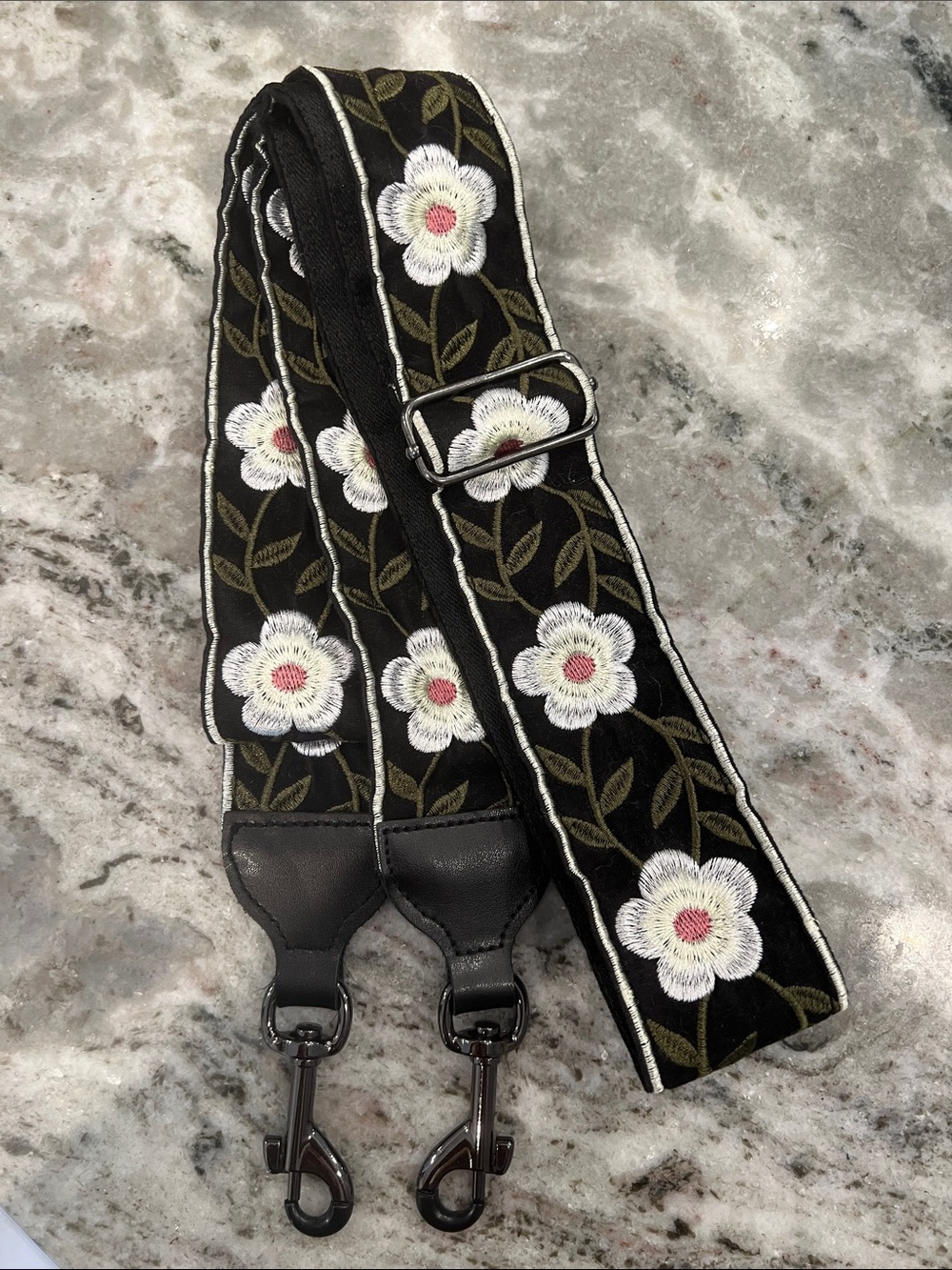Embroidered Floral Black Bag Strap with White Flowers